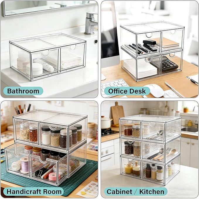 Prsildan Stackable Clear Makeup Organizer, 2 Pack Acrylic Storage Drawers with 4 Drawers for Vanity Bathroom Office Desk Modular Drawer System for Cosmetics Jewelry Toiletries Home Organization