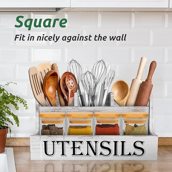Suli Extra Large Kitchen Utensils Holder with 4 Compartments, White Wooden Utensil Organizer for Kitchen Countertop, Farmhouse Utensil Storage, Rustic Cooking Utensils - White Grain