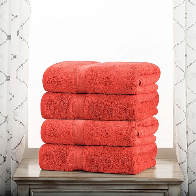 Superior Egyptian Cotton Pile Bath Towel Set of 4, Ultra Soft Luxury Towels, Thick Plush Essentials, Absorbent Heavyweight, Guest Bath, Hotel, Spa, Home Bathroom, Shower Basics, Coral