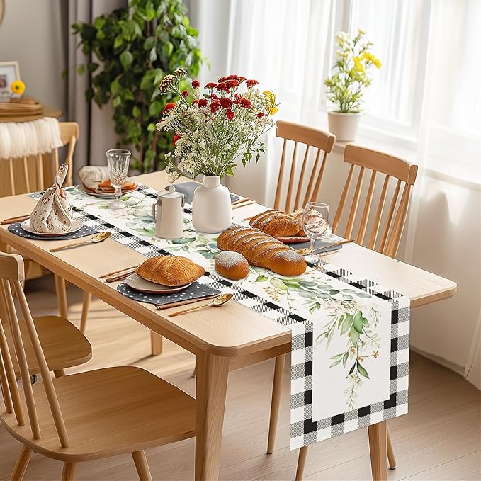 Bonhause Green Eucalyptus Leaves Flowers Table Runner 13x72 Inch Black White Buffalo Plaid Spring Plants Kitchen Dining Table Decoration for Indoor Outdoor Home Party Decor