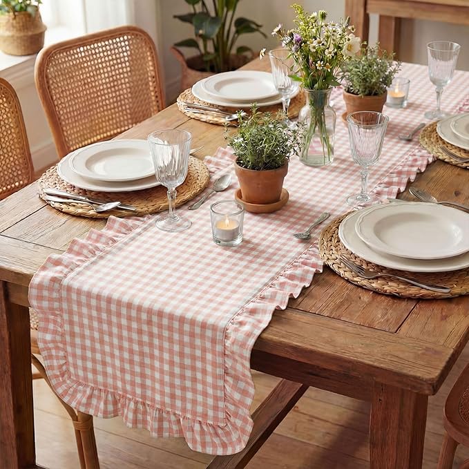 HunnmingRe 1 Pcs Light Pink Plaid Gingham Ruffle Table Runner 118 x 13.8'' Farmhouse Easter Table Runner 100% Cotton Scalloped Long Dresser Scarves for Dining Room, Wedding, Kitchen Rustic Home Decor