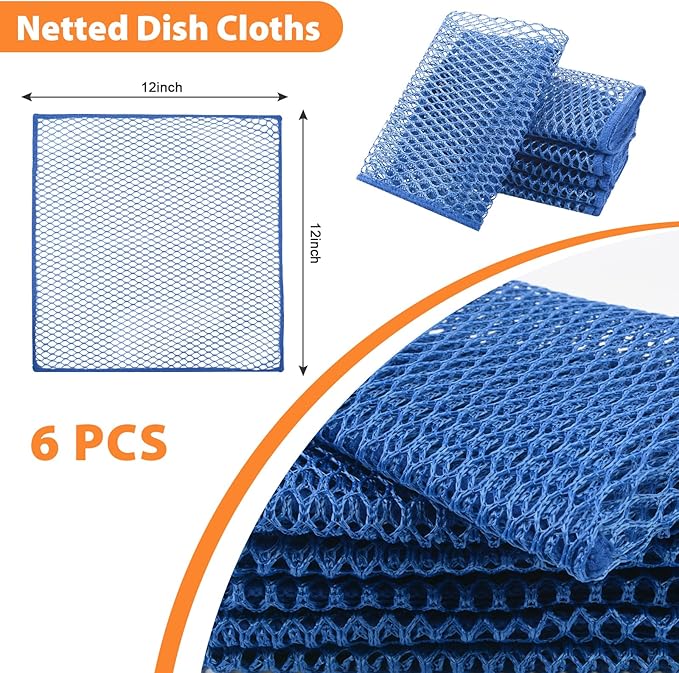SUNLAND Netted Dish Cloths for Washing Dishes No Odor Dishes Scrubber for Kitchen-Fast Drying and Easy to Clean Mesh Dish Cloth 6 Pack 12Inch x12Inch Blue