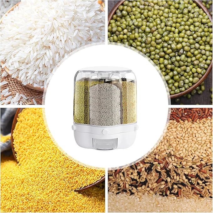 Grain Dispenser, 27Lbs Large Capacity Cereal Container, 6 Grids 360° Rotating and One Click Output Dry Food Storage with Sealed lid for Rice Soybeans Red Beans Moisture Proof Organizer