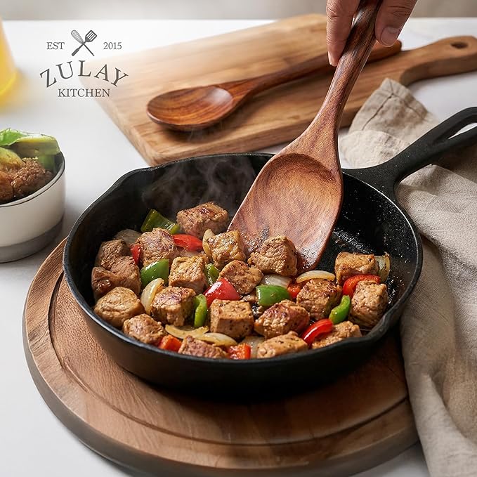 Zulay Kitchen 9-Piece Teak Wood Cooking Utensil Set – Non-Toxic & Non-Stick Safe Wooden Spoons & Kitchen Tools with Comfortable Grip, Smooth Finish Natural Teak – Perfect Kitchen Gift Set