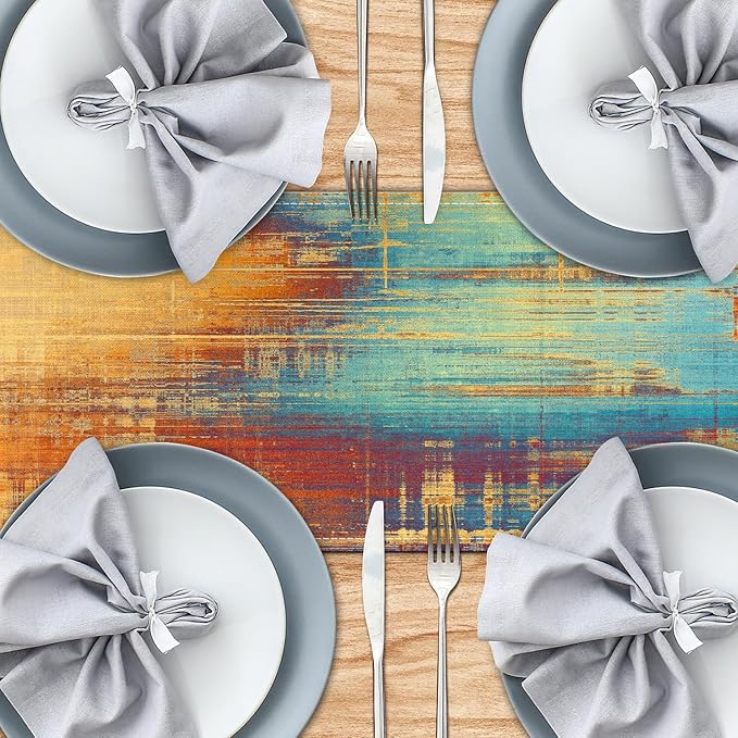 Long Table Runner Vintage Abstract Blue and Orange Table Runner Messy Rust Painting Farmhouse Coffee Table Runners for Kitchen Dining Table Home Decor 90in