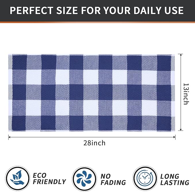 Mordimy 100% Cotton Waffle Weave Kitchen Towels, 13 x 28 Inches, Super Soft and Absorbent Buffalo Check Dish Towels for Drying Dishes, 4-Pack, White & Navy Blue