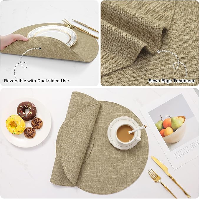 homing 15 Inch Round Cloth Placemats Set of 6, Cotton Linen Blend Washable Table Mats, Farmhouse Dining Place Mats for Indoors & Outdoors, Easy to Clean, Linen