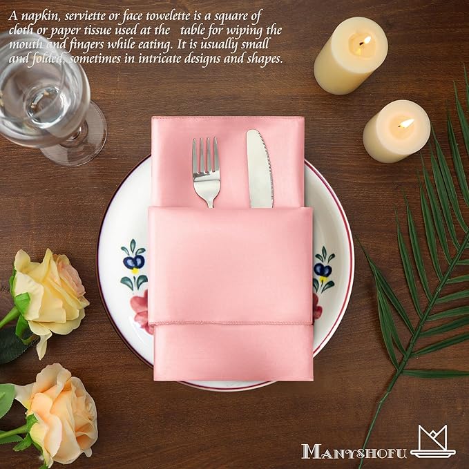 Manyshofu 50 Pieces Blush Satin Napkins - 12x12 Inches Cloth Napkins, Square Satin Fabric Napkin Set - Elegant & Smooth Table Napkins for Wedding Dinner Party Lunch Banquet Restaurant Decoration