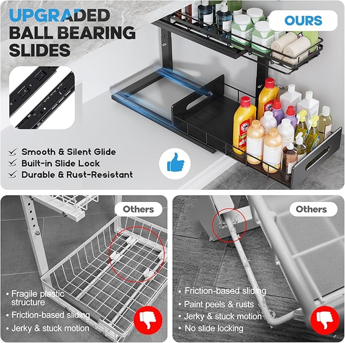 Under Sink Organizer Upgrade To Professional Rails,2-Tier Dual Pull Out Cabinet Storage,Height Adjustable Slide Out Drawers For Bathroom Kitchen,1 Pack-18.5"Dx12.8"-16.9"H,Black