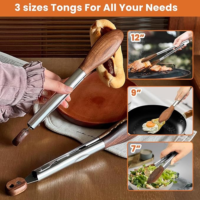 Cooking Set of 6 (3 Natural Walnut Wooden Kitchen Tongs 7",9",12",Self-Adhesive 304 Stainless Steel Hook)【Xhiver】- For Grilling, Serving, BBQ, Salad Tossing | Ergonomic Grip, Heat Resistant, Pull Lock