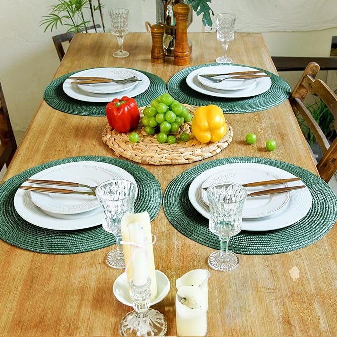 FunWheat Round Braided Placemats Set of 6 Table Mats for Dining Tables Woven Washable Non-Slip Place mats 15 inch(Black Green, 6pcs)