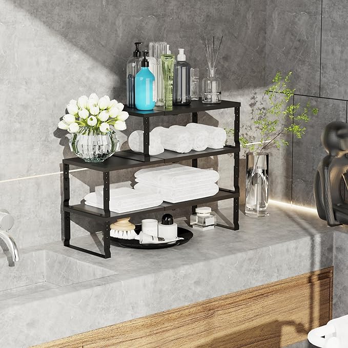 Jojocross Expandable Stackable Spice Rack Organizer for Kitchen Cabinet,Adjustable Counter Shelf, countertop, Pantry,Cupboard,Bathroom,Bedroom(3Packs/Black/Large)