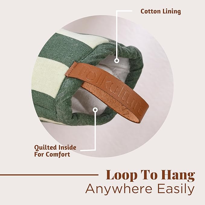Folkulture Oven Mitts - Set of 2 (5.75"x9") | Oven Mitts with Hanging Loop for Cooking Gifts for Women, Kitchen Decor| 100% Cotton, Silicone Heat Resistant Mini Mitts - House Warming Gifts (Matcha)