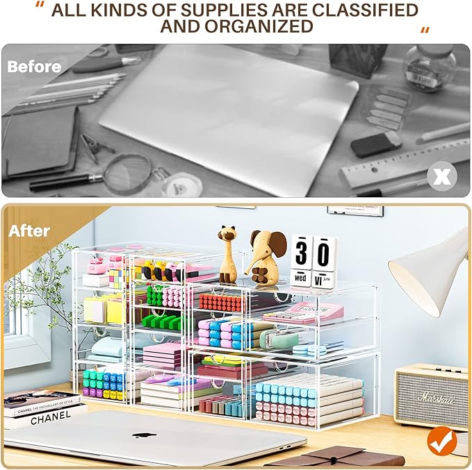caktraie Makeup Organizer Storage with 16 Drawers, 4 Pcs Desktop Office Supplies, Desk Organizers, Clear Accessories, Dustproof Storage Drawer and for Make Up, Jewelry, Pen, Stationary