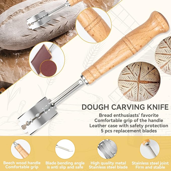 Danish Dough Whisk - Bread Whisk Set of 3 pieces, Bread Making Tools and Supplies, Danish Sourdough Whisks, Dutch Whisks for Dough, With Dough Scraper Sourdough Cutter, Lame Doughs Scoring Tool Blades