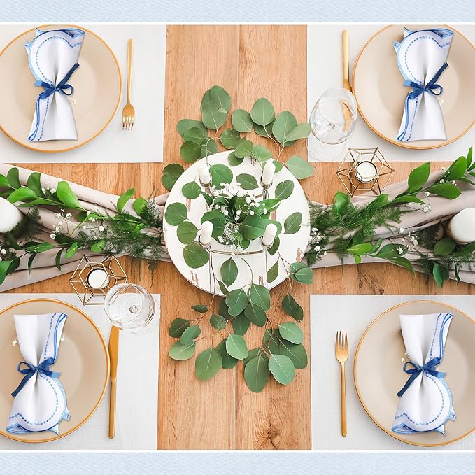 Hahafelt 12 Set Cloth Napkins 18x18inches Scalloped Embroidery Cloth Napkins Washable Polyester Table Dinner for Hotel Restaurant Weddings Events Parties (Blue)