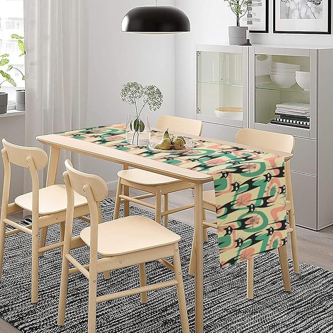 Mid Century Table Runner Black Cat Abstract Geometric Retro Art Printed Dinner Runner for Home Kitchen Dining Table Decor Fabric 1 Panel W13xL108in