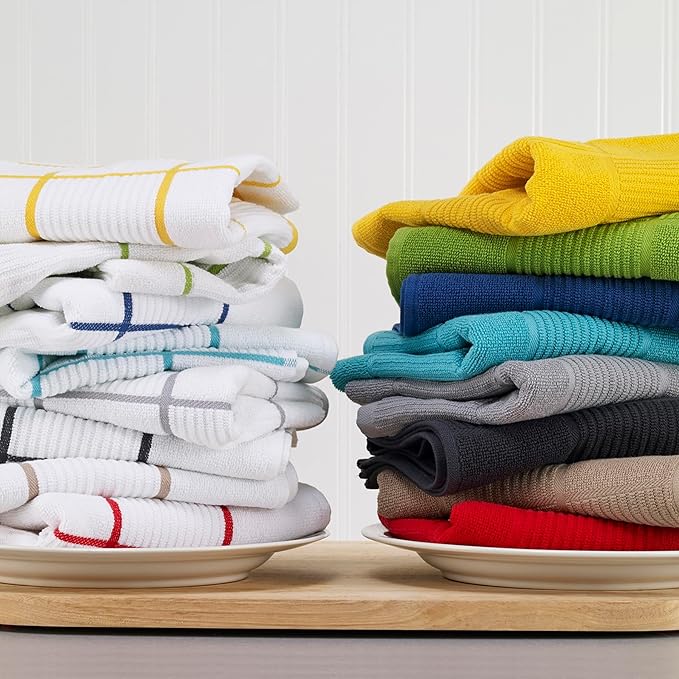 T-fal Solid & Checked Parquet Kitchen Towels: Highly Absorbent, Super Soft Long Lasting - 100% Cotton, 16"x26" Dish Towels for Cleaning & Drying Dishes, Pans, Glassware, or Countertops, 2-Pack, Breeze