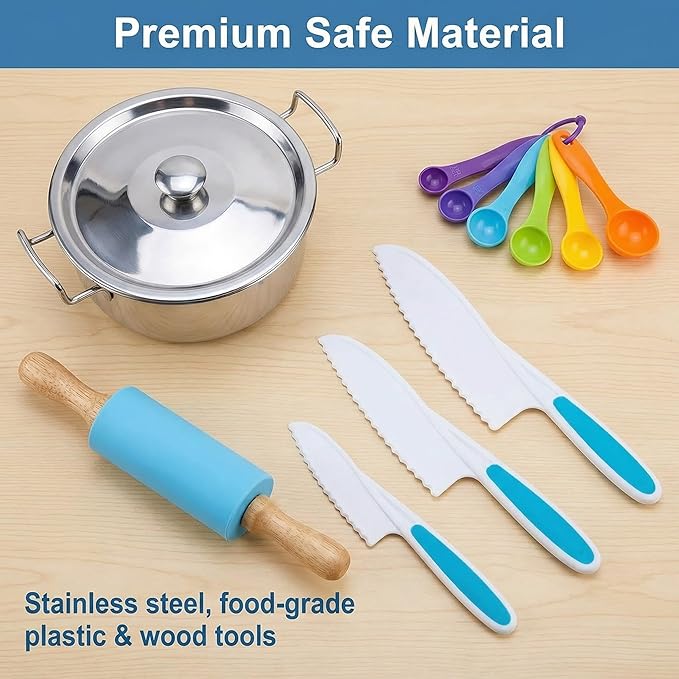 42-Piece Kids Cooking Set - Real Knife, Baking Set, Pots & Pans, Pretend Play Toys - Apron & Chef Hat for Boys