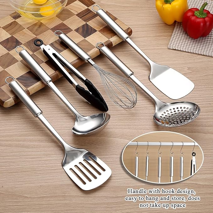 Stainless Steel Cooking Utensils Set 6 Pieces, Kitchen Tools Set Include Metal Spatula Set, Skimmer, Ladle, Tong, Whisk, Kitchen Gadgets Essentials New Home Must Have