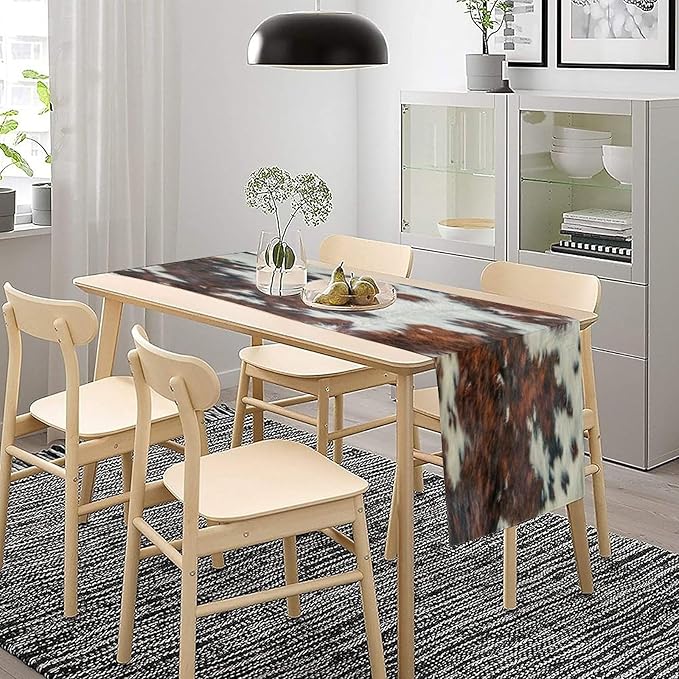 Cow Skin Print Table Runner, Rustic Cottage Country Farm Animal Fur Skin Western Style Brown Cowhide Print Dinner Runner for Home Kitchen Dining Table Decoration 13"x36"