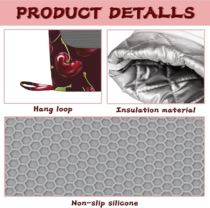 Red Cherry Heat-Resistant Silicone Oven Mitts and Pot Holders,Long Oven Gloves with Non-Slip Grip for Cooking, Baking, Grilling,BBQ
