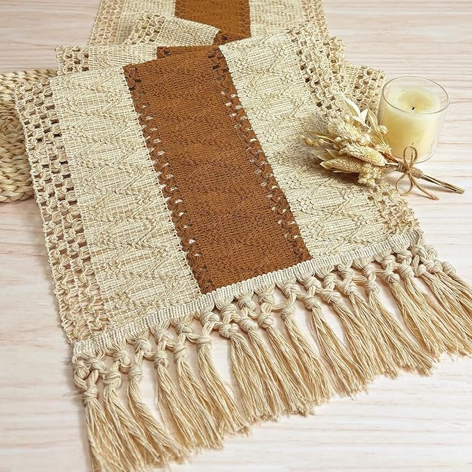 FEXIA Boho Table Runner for Home Decor with Tassels 108 Inches Long,Caramel Farmhouse Rustic Table Runner Macrame Burlap Table Decoration for Living Room Bridal Shower(12x108 Inches)