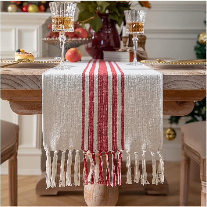 Caflife Christmas Table Runner 13 x 90 Inch for Dining Table, Boho Christmas Decorations Coffee Table Runner with Handcrafted Tassels, red and Beige Stripe Table Runner for Holiday, Winter