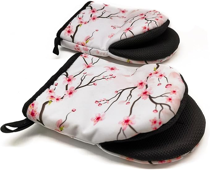 Pink Cherry Blossoms Oven Mitts, High Heat Resistant Kitchen Oven Gloves, Mini Silicone Oven Mitts, Non-Slip Grip Surfaces and Hanging Loop for Grilling, Baking, Cooking and Microwave, Gift