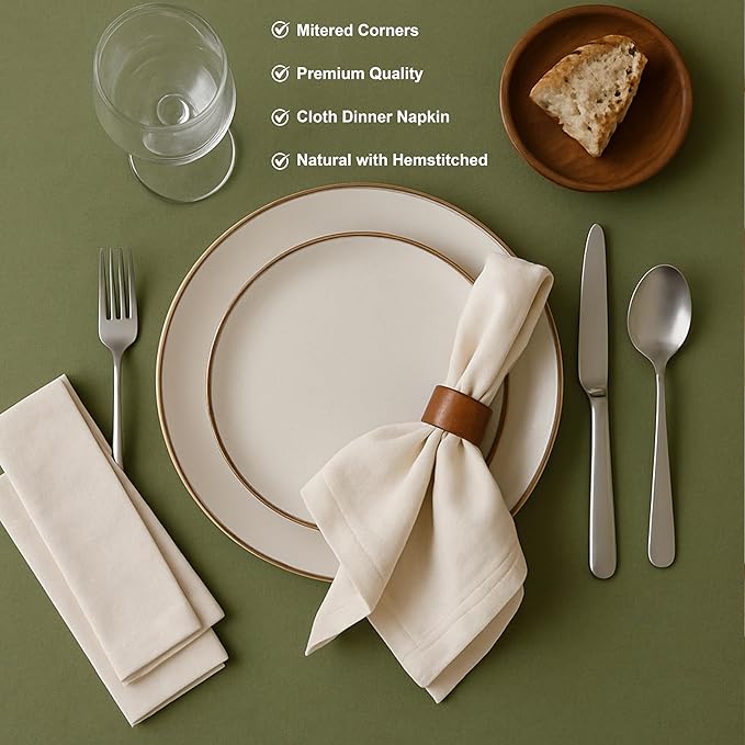 Marubhumi Cotton Cloth Dinner Napkins Set of 12, 18x18 Natural Premium Quality Mitered Corners Cotton Blend Wedding and Cocktail Napkins, Machine Washable (Cream)