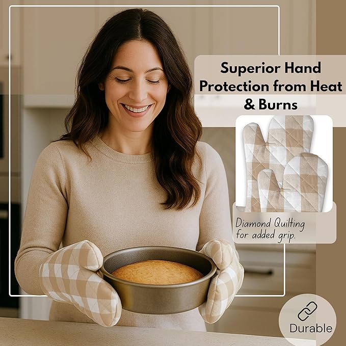 Native Fab Buffalo Plaid Check Oven Mitts and Pot Holders Set of 4, 100% Cotton Heat Resistant Kitchen Gloves, 2 Oven Mitts (7x13), 2 Pot Holders (8x8) for Cooking & Baking, Beige White