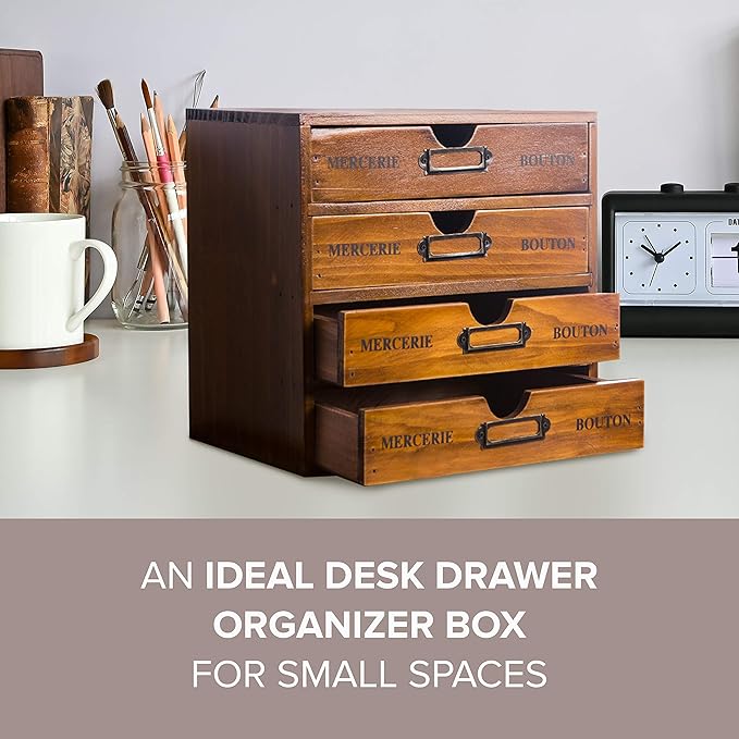 Modular Stackable Apothecary Cabinet 4 Drawer Desk Organizer - Retro Library Card Catalog Wood Storage Box - Organize Stationery, Thread Embroidery, Sewing, Crafts, Junk Drawer & Supplies Countertop