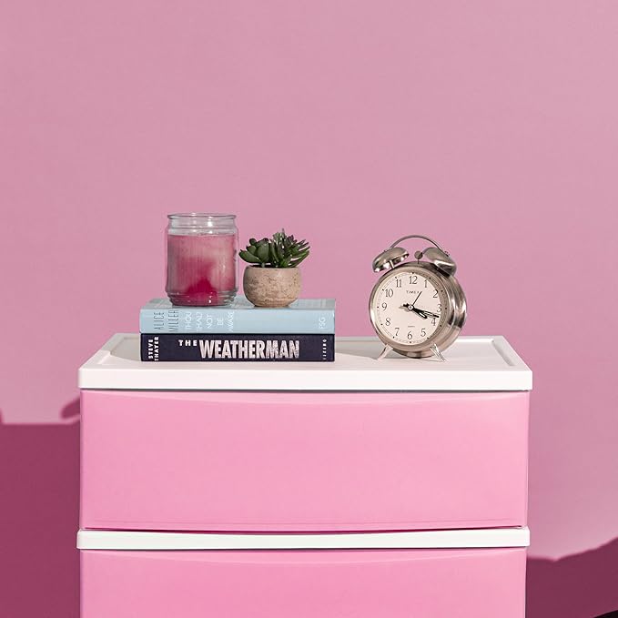 IRIS USA Plastic Drawer Storage Organizer, 4-Drawers, for Art Supplies Bathroom Dorm Bedroom Laundry Room, Wide, White Frame with Matte Pink Front Panels