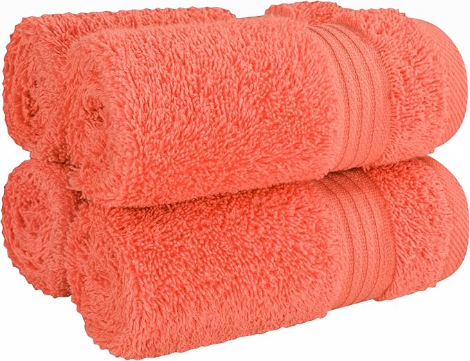 Cotton Paradise 100% Cotton Turkish Washcloth Set for Bathroom, 4 Piece Soft Absorbent Small Towels Wash Rags, Coral