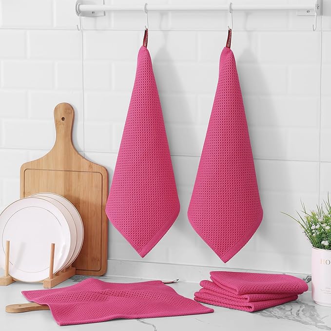 Kitinjoy 100% Cotton Kitchen Dish Cloths (12 X 12 Inches, Hot Pink), 12 Pack Waffle Weave Ultra Soft Absorbent Dish Towels for Drying Dishes Quick Drying Kitchen Towels Dish Rags