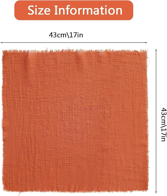 Cotton Blend Fringe Cloth Napkins - Crinkle Gauze Dinner Napkins, Reusable & Washable Table Napkins, 17" x 17" (43 x 43 cm), Multiple Colors, 12/24/48/100 Pack (12, Terracotta)