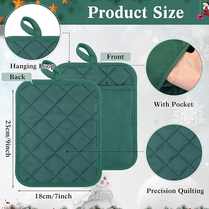 Hoolerry 20 Pieces Pot Holders with Pocket Sublimation 7x9'' Cotton Oven Pot Holders Bulk with Hanging Loops Pads for Kitchen Cook Baking (Red,Green)