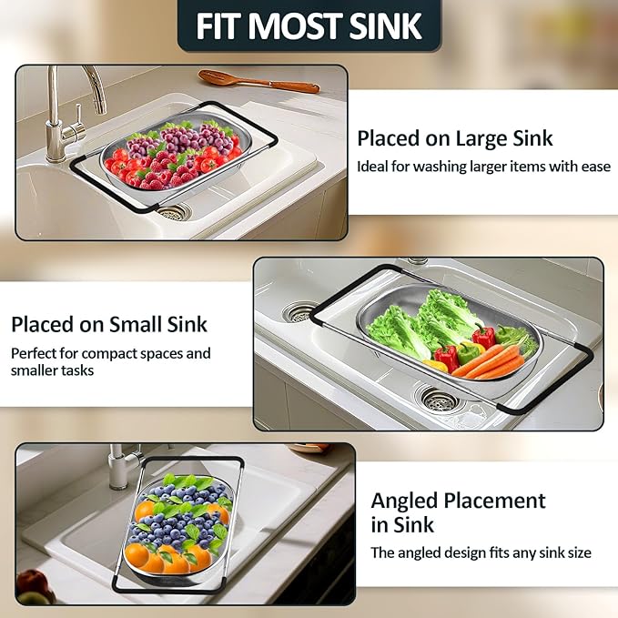 Over the Sink Colander - Strainers and Colanders - Sink Strainer Basket - Expandable Fine Mesh Strainer with Rubber Grip for Veggie, Fruits, Pasta, Home Kitchen Essentials (9.5W x 13.4-21.3L x 3.3H)
