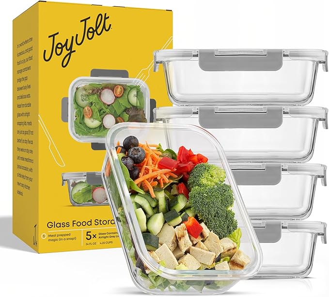 JoyJolt Glass Food Storage Containers with Lids. 5 Pack Glass Meal Prep Containers Reusable 35oz Single Compartment Airtight Container Set. Lunch Containers for Adults and Kitchen Storage Containers