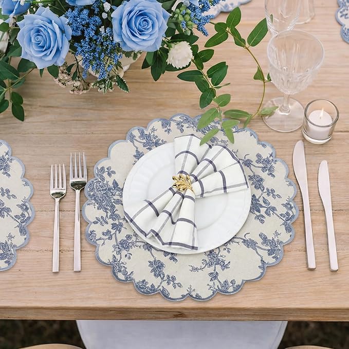 Set of 12 Blue and White Cotton Placemats 15 Inch Round Scalloped Embroidery Placemats Washable Double Layered Rustic Table Mat Fabric Napkins for Wedding Table Decor
