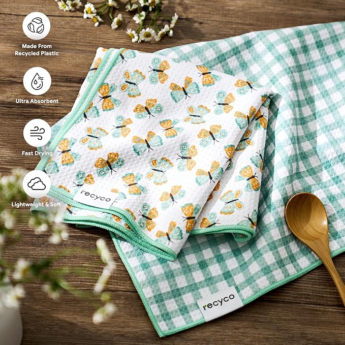 RECYCO Waffle Kitchen Towel Set of 2 - Quick Dry Microfiber Sustainable Dish Towels - Ultra Absorbent Reusable Cleaning Tea Towels - Lightweight Hand Towels,16”x 28”, Butterfly Gingham