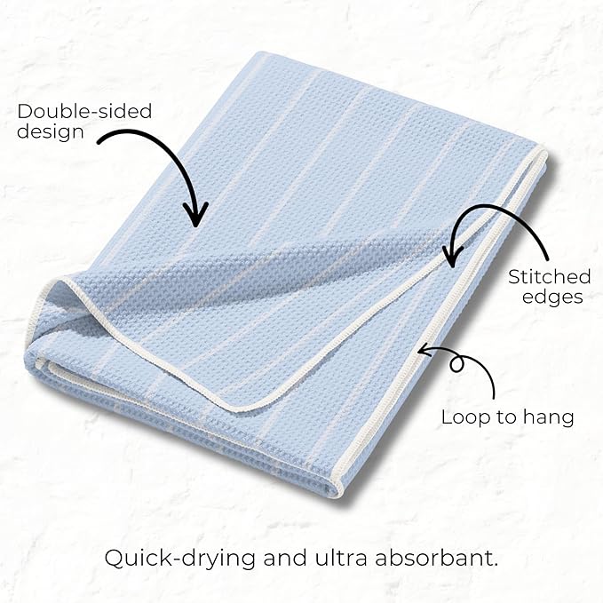 HALL & PERRY Kitchen Tea Towel, Ultra Soft, Quick Dry Microfiber Dish Cloths - 18"x30" Premium Quality Waffle Towel - Stripes and Plaid, Light Blue/Grey (1, Sydney)