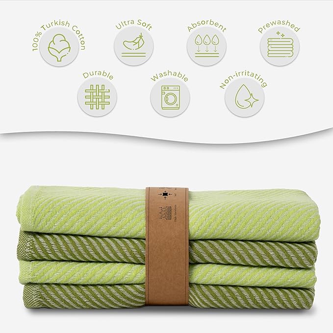 Ossano Kitchen Hand Towels - 4 Pack, (20" x 30") - Extra Soft & Striped - Versatile as, Flour Sack Towels, Kitchen Tea Towel, Dish Drying Towels, Soft Dish Cloths, Sage and Bright Green