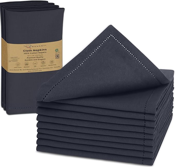 Ruvanti Cloth Napkins Set of 12, 100% Cotton High GSM 18x18 Inches, Hem Stitched Corners, Soft, Washable, Highly Durable & Absorbent, Perfect for Parties, Christmas, Thanksgiving Dinners – Ombre Blue