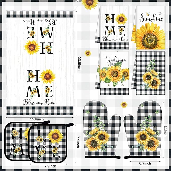 Leinuosen 8 Pcs Sunflower Checkered Kitchen Towels and Dishcloths Sets Oven Mitts and Pot Holders Sets Absorbent Kitchen Gloves Potholders Heat Resistant for Chef Baking Cooking
