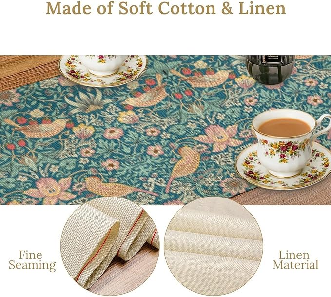 William Morris Floral Table Runner Strawberry Thief Vintage Flower Art Printed Dinner Runner for Home Kitchen Dining Table Living Room Decor Fabric 1 Panel W13xL120in