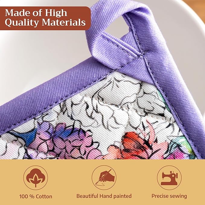 Maison d' Hermine Pot Holders 100% Cotton Heat Resistant Potholders 8" x 8" Hot Pads with Loop BBQ Cooking Baking Gifts for Mothers Day Handling Hot Pans Spring/Summer (Pack of 1, Floral Love)