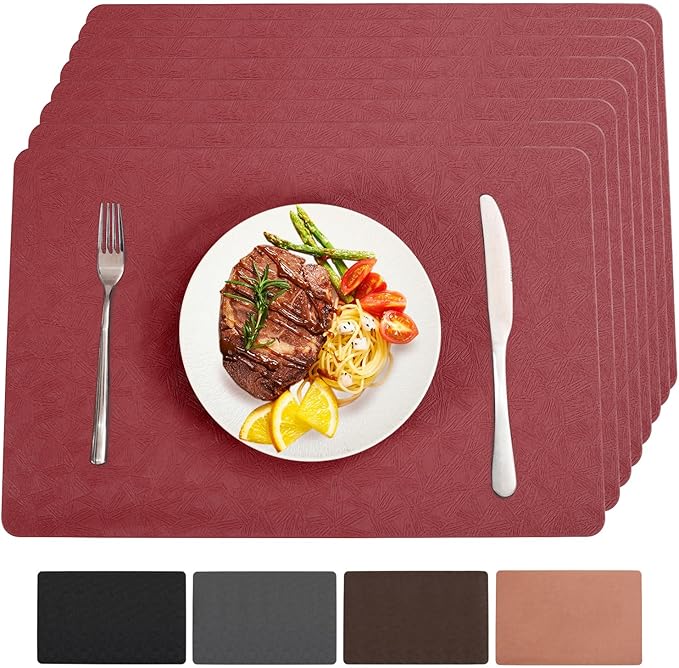 Vinyl Placemats Set of 8 Heat Resistant Easy Clean Non-Slip Place Mats for Dining Table Faux Leather Waterproof Stain Resistant Wipeable Washable PVC Table Mats(8, Red)