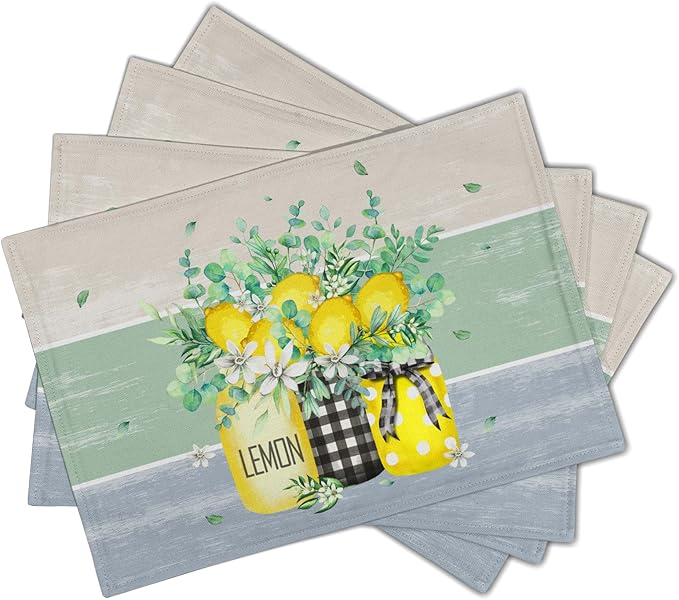 Lemon Floral Eucalyptus Vase Placemats Set of 4, 12 x 18 Inch Yellow Lemon Fruit Non-Slip Rectangle Place Mat Farmhouse Decoration for Spring Summer Seasonal Holiday Dining Table Mats