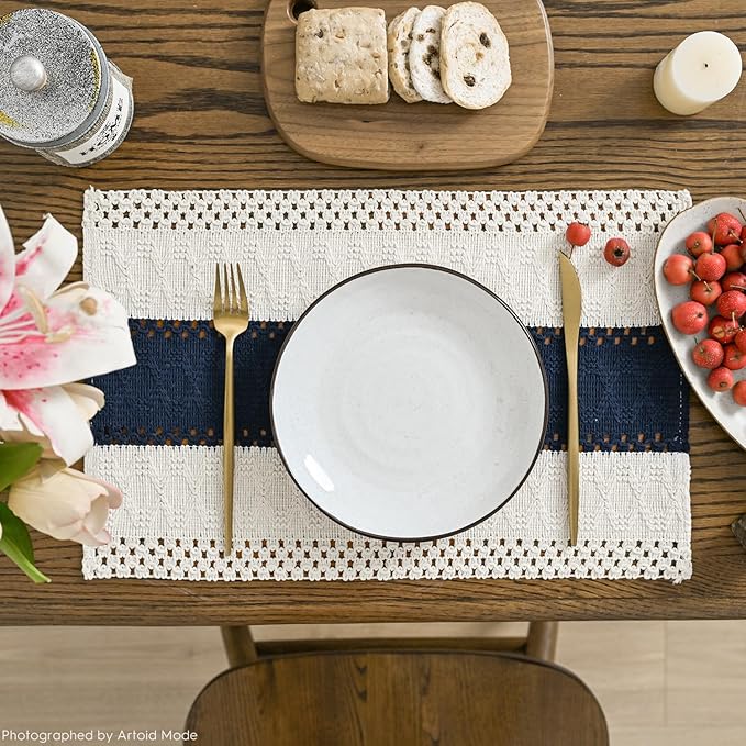 Artoid Mode Dark Blue Farmhouse Rustic Placemats Set of 6,12x18 Inch Seasonal Holiday Hollow Table Mats Party Kitchen Dining Decoration